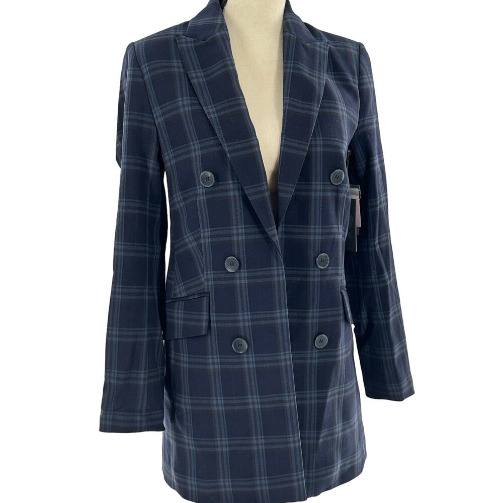 Vince Camuto Plaid Blazer 2 NWT Navy Blue Jacket Women Academia Double Breasted